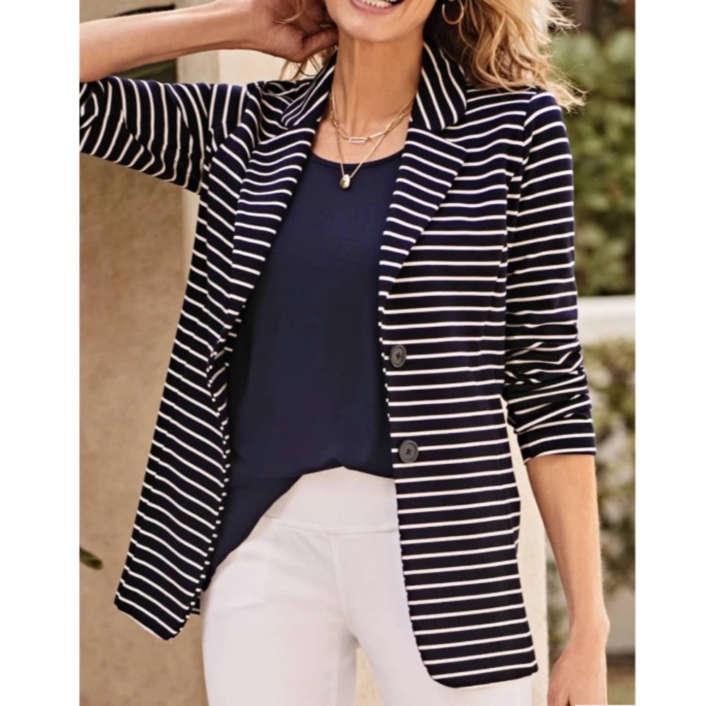 J. Jill Wearever Collection Seamed Blazer Nautical Navy White Stripe